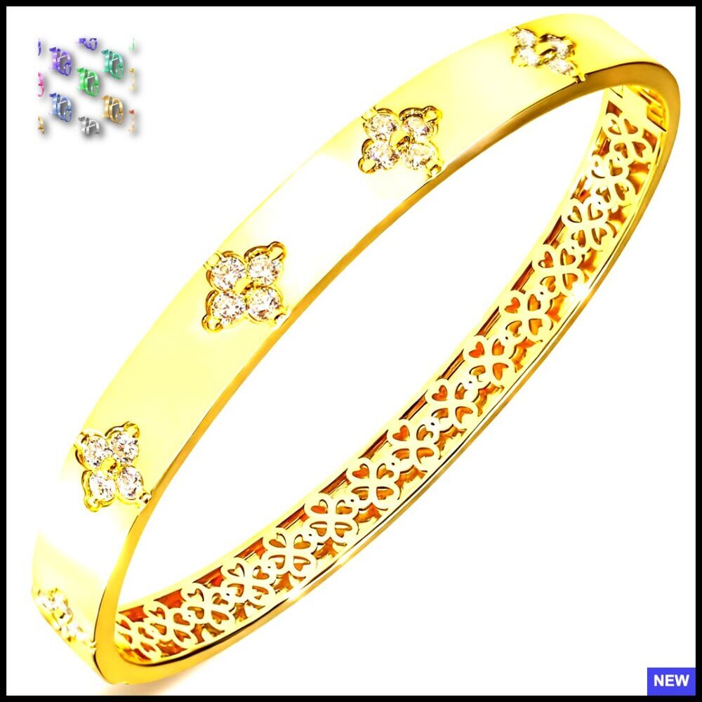 Gold Plated Moissanite Bangle Bracelet Four Leaf Clover Lucky Love Gift